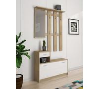Dmora Mobile da ingresso con specchiera, entratina per atrio con scarpiera, Svuotatasche per piccoli appartamenti, cm 100x25h180, colore Bianco e Rovere