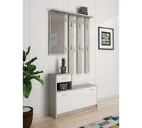 Dmora Mobile da ingresso con specchiera, entratina per atrio con scarpiera, Svuotatasche per piccoli appartamenti, cm 100x25h180, colore Bianco e Cemento