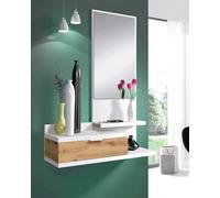 Dmora Mobile da Ingresso Tijuana, Entratina con Specchio e cassetto, Svuotatasche per atrio di Piccoli Appartamenti, 81x29h116 cm, Bianco e Rovere Nodi, Pannello melaminico 15mm, Vetro
