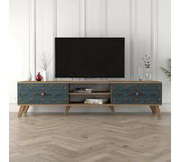 Dmora - Mobile porta TV Atlux, Credenza da soggiorno, Armadio basso per TV, Base parete attrezzata, 180x35 h44 cm, Noce e Blu