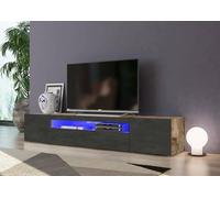 Dmora - Mobile porta TV Jesse, Credenza bassa da soggiorno a 3 ante, Base porta televisione, 100% Made in Italy, cm 200x40h37, Acero e Ardesia, con luce LED