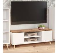 Dmora Mobile Porta TV con 2 Ante e 1 ripiano Centrale, Credenza con Piedini, Buffet da Soggiorno in Stile Scandi, cm 155x40h49, Bianco e Top Color Acero, Legno ingegnerizzato