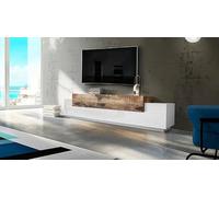 Dmora - Mobile porta TV Nico, Credenza bassa da soggiorno, Base porta televisione, 100% Made in Italy, cm 240x45h52, Bianco lucido e Acero