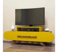 Dmora - Mobile Porta TV Praesepe, Credenza da Soggiorno, Armadio Basso per TV, Base Parete attrezzata, 145x37 h50 cm, Noce e Giallo