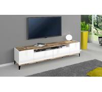 Dmora Mobile Porta TV Raffaele, Credenza Bassa da Soggiorno a 2 Ante, Base Porta Televisione, 100% Made in Italy, cm 200x40h47, Bianco Lucido e Acero