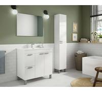 Dmora Mobile sottolavabo Lakewood, Mobiletto per Bagno, Armadio a 2 Ante e Due cassetti con Specchio, lavabo Non Incluso, 80x45h80 cm, Bianco Lucido