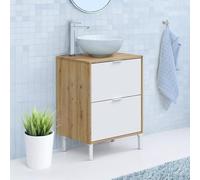 Dmora - Mobile sottolavabo Moab, Mobiletto da bagno, Contenitore porta lavabo, Armadio per lavandino, 61x46 h79 cm, Rovere Nodi e Bianco lucido