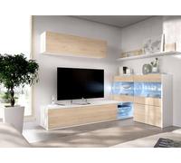Dmora Parete attrezzata Adams, Set da Soggiorno modulare ad Angolo, Mobile Salotto Multiposizione con Luce LED, 260x41h180 cm, Rovere e Bianco Lucido