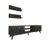 Dmora - Parete attrezzata Aegir, Composizione soggiorno, Mobile salotto multiuso, Armadio porta TV, 150x30 h41 cm, Noce e Grigio
