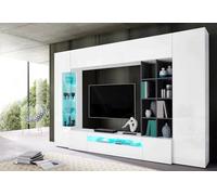 Dmora Parete attrezzata da Soggiorno, Made in Italy, con Luce LED Blu, Base Porta TV e pensili e scaffali, cm 290x40h192, Colore Bianco Lucido e Grigio Cenere