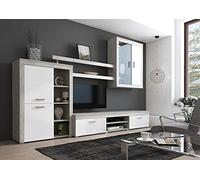 Dmora Parete attrezzata da soggiorno, Mobile porta TV, scaffali e vetrinetta, Salotto moderno completo, Made in Italy, cm 293x50h144, colore Bianco e Cemento