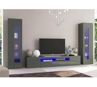 Dmora Parete attrezzata da Soggiorno modulare, Made in Italy, con Luce LED Blu, Base Porta TV e pensili, Set Salotto Moderno, cm 300x40h162, Colore Antracite Lucido