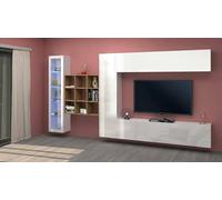 Dmora Parete attrezzata Davis, Set Salotto Porta TV a 4 Ante, Mobile Soggiorno Multiuso con vetrina e Luce LED, 100% Made in Italy, cm 310x30h180, Bianco Lucido e Acero