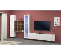 Dmora - Parete attrezzata Emilio, Set salotto porta TV a 3 ante, Mobile soggiorno multiuso con vetrina e luce LED, 100% Made in Italy, cm 310x30h180, Bianco lucido e Acero