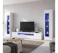 Dmora Parete attrezzata Enzo, Set Salotto Porta TV, Mobile Soggiorno Multiuso, 100% Made in Italy, cm 290x40h162, Bianco Lucido, Pannello melaminico 16mm, Vetro