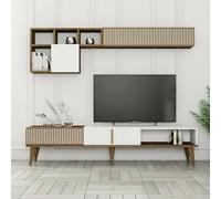 Dmora - Parete attrezzata Gemini, Composizione soggiorno, Mobile salotto multiuso, Armadio porta TV, 180x35h40 cm, Noce e Bianco