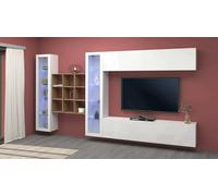 Dmora Parete attrezzata Gustavo, Set Salotto Porta TV a 4 Ante, Mobile Soggiorno Multiuso con vetrina e Luce LED, 100% Made in Italy, cm 350x30h180, Bianco Lucido