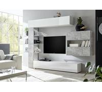 Dmora - Parete attrezzata Molveno, Composizione soggiorno, Mobile salotto multiuso, Armadio porta TV, Made in Italy, 295x30 h187 cm, Bianco lucido e Cemento