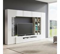 Dmora - Parete attrezzata Ocean, Set salotto porta TV, Mobile soggiorno multiuso con luce LED, 100% Made in Italy, cm 290x40h192, Bianco lucido e Cemento