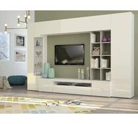 Dmora - Parete attrezzata Ocean, Set salotto porta TV, Mobile soggiorno multiuso con luce LED, 100% Made in Italy, cm 290x40h192, Bianco lucido e Cemento