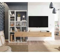 Dmora - Parete attrezzata Wausau, Set da soggiorno con 3 cassetti, Libreria salotto multiuso, 226x28h173 cm, Bianco e Rovere Nodi