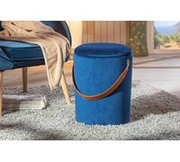 Dmora Pouf secchiello contenitore in velluto e maniglia in ecopelle, colore blu, cm 35x35x45
