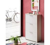 Dmora Scarpiera Peonia, Mobile Multiuso da Ingresso con 3 Ante a ribalta, Armadietto portascarpe a Doppia profondità, 100% Made in Italy, 67x28h112 cm, Bianco e Olmo