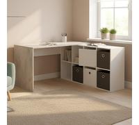 Dmora - Scrivania Vallejo, Scrittoio multifunzione reversibile multiposizione, Tavolo da studio o ufficio porta PC con scaffale, 136x139h74 cm, Bianco e Cemento