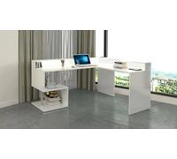 Dmora - Scrivania Albert, Scrittoio angolare con ripiani portaoggetti e luci LED, Scrivania ufficio multiuso con sopralzo, 180x60h93 cm, Bianco