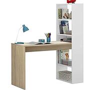 Dmora - Scrivania Denton, Scrittoio multifunzione reversibile con libreria 5 ripiani, Tavolo da studio o ufficio porta PC portalibri, 120x53h144 cm, Bianco e Rovere
