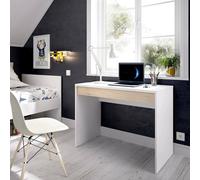 Dmora - Scrivania Forato, Scrittoio ufficio salvaspazio multiuso, Tavolo da studio lineare con 1 cassetto, 90x50h74 cm, Bianco e Rovere