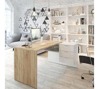 Dmora Scrivania Greensboro, Scrittoio Multifunzione Reversibile da Ufficio con cassettiera, Tavolo da Studio o Ufficio Porta PC ad Angolo, 145x108h73 cm, Rovere e Bianco