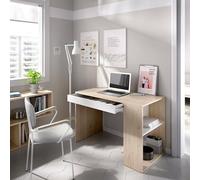 Dmora - Scrivania Grigna, Scrittoio multiuso da ufficio o cameretta, Tavolo da studio lineare con scaffali, 115x50h74 cm, Rovere e Bianco