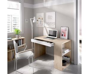 Dmora - Scrivania Grigna, Scrittoio multiuso da ufficio o cameretta, Tavolo da studio lineare con scaffali, 115x50h74 cm, Rovere e Bianco