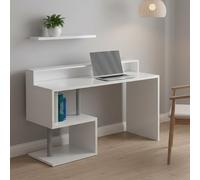Dmora - Scrivania Silvestro, Scrittoio lineare con ripiani portaoggetti, Scrivania ufficio multiuso con sopralzo, 140x60h93 cm, Bianco