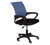 Dmora Sedia da ufficio su ruote, Poltrona elevabile con braccioli, Sedia in tessuto imbottito con schienale in rete, cm 62x50h84/93, colore Nero e Blu