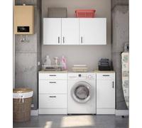 Dmora - Set mobili per lavanderia Lodrino, Composizione lavanderia moderna, Soluzione salvaspazio per zona lavaggio, Bianco e Rovere