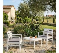 Dmora - Set Salotto da Esterno Benevento, Composizione da Giardino con 2 poltrone e 1 tavolino, Salottino Indoor e Outdoor con Cuscini, 100% Made in Italy, Bianco