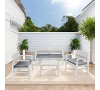 Dmora - Set Salotto da Esterno Carpi, Composizione da Giardino con 2 poltrone, 1 Divano ed 1 tavolino, Salottino Effetto Rattan con Cuscini, 100% Made in Italy, Bianco