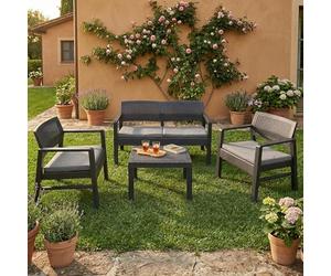 Dmora - Set Salotto da Esterno Carpi, Composizione da Giardino con 2 poltrone, 1 Divano ed 1 tavolino, Salottino Effetto Rattan con Cuscini, 100% Made in Italy, Antracite