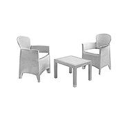 Dmora - Set salotto da esterno Foggia, Composizione da giardino con 2 poltrone ed 1 tavolino, Salottino effetto rattan con cuscini, 100% Made in Italy, Bianco