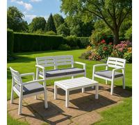 Dmora Set Salotto da Esterno Massa, Composizione da Giardino con 2 poltrone, 1 Divano ed 1 tavolino, Salottino Indoor e Outdoor con Cuscini, 100% Made in Italy, Bianco, Medio
