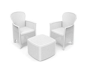 Dmora - Set salotto da esterno Napoli, Composizione da giardino con 2 poltrone ed 1 tavolino contenitore, Salottino effetto rattan, 100% Made in Italy, Bianco