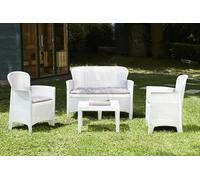Dmora Set Salotto da Esterno Ostuni, Set da Giardino con 2 poltrone, 1 Divano ed 1 tavolino, Salottino Effetto Rattan con Cuscini, 100% Made in Italy, Bianco