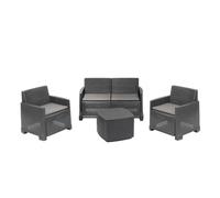 Dmora Set Salotto da Esterno Peschici, Composizione da Giardino con 2 poltrone, 1 Divano e 1 tavolino Contenitore, Effetto Rattan con Cuscini, 100% Made in Italy, Antracite