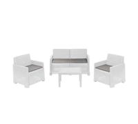 Dmora Set Salotto da Esterno Vieste, Composizione da Giardino con 2 poltrone, 1 Divano e 1 tavolino, Effetto Rattan con Cuscini, 100% Made in Italy, Bianco
