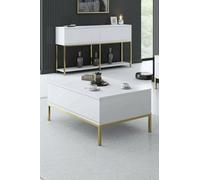Dmora - Tavolino da salotto Antares, Tavolo basso da caffè, Portariviste per divano, Ripiano da soggiorno, 90x60h40 cm, Bianco e Oro