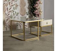 Dmora Tavolino da Salotto Lisview 70x70x48h cm Bianco Marmo Un Cassetto Set da 2 Componibile, Forma Quadrato