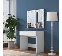 Dmora Toeletta Ramona 90x45x77h cm Bianco Specchio Incluso un Cassetto, Mobile da Trucco Luci Incluse