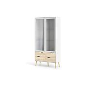 Dmora - Vetrinetta con due ante battenti a vetro e quattro cassetti, colore bianco e rovere, Misure 98 x 200 x 39 cm